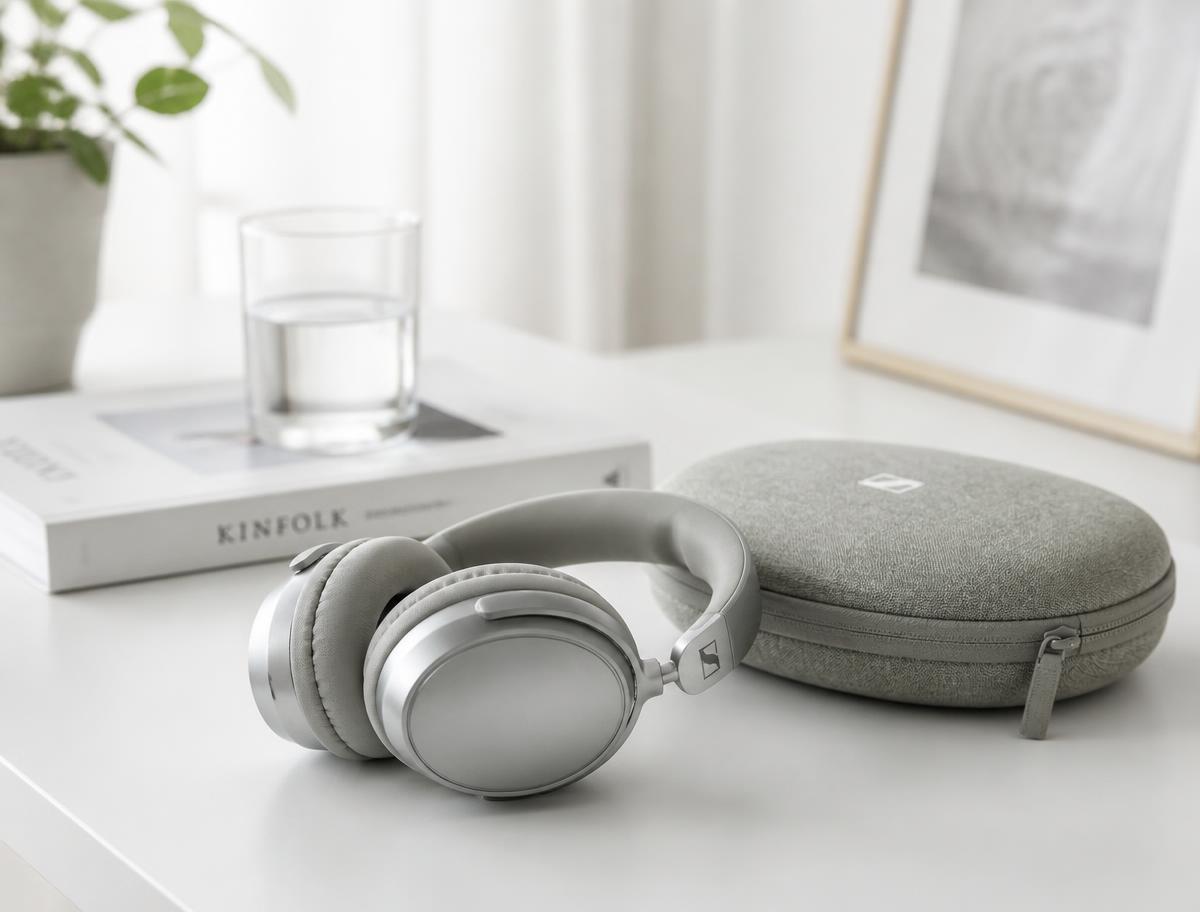 Silver headphones resting beside a fabric carrying case on a bright desk