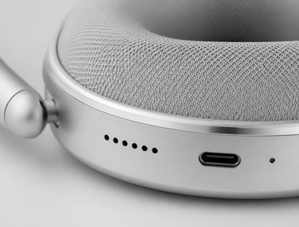 Macro detail of a machined silver headphone earcup and acoustic mesh