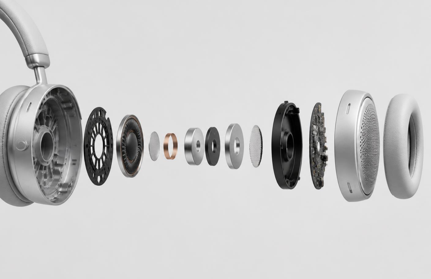 Exploded view of the internal components inside an Aurelis earcup