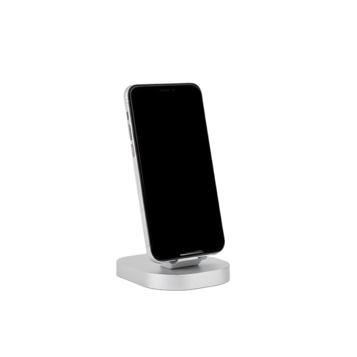 Silver wireless charging dock holding a phone