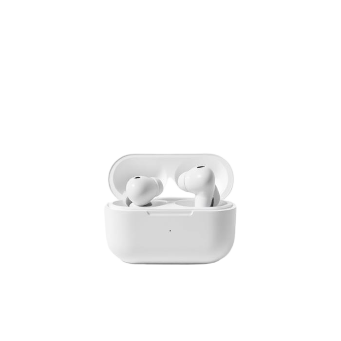 White wireless earbuds in an open charging case