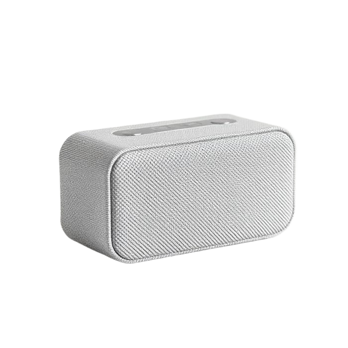 Compact grey fabric portable speaker