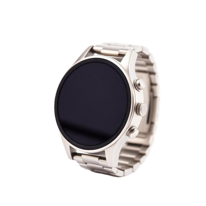 Silver smart watch with a metal link bracelet
